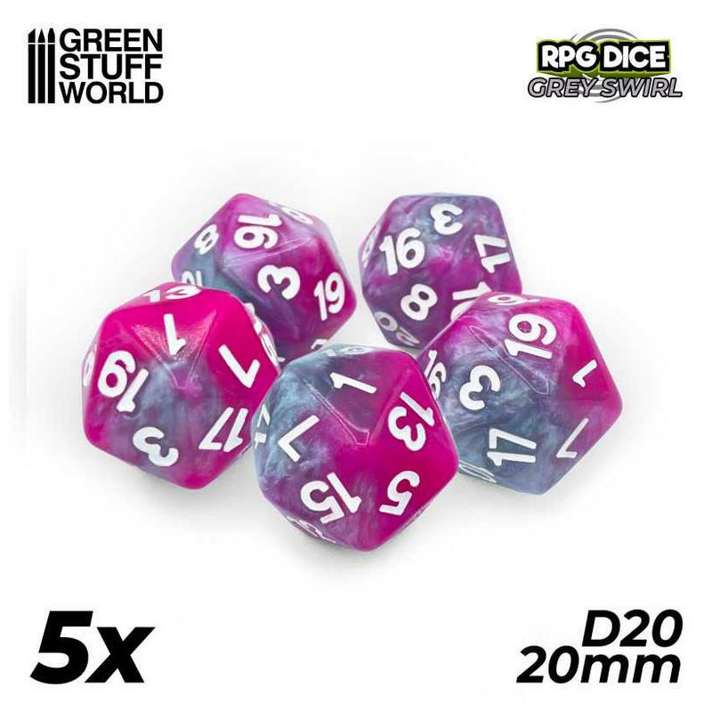 5x Dados D20 20mm - Rosa - Gris