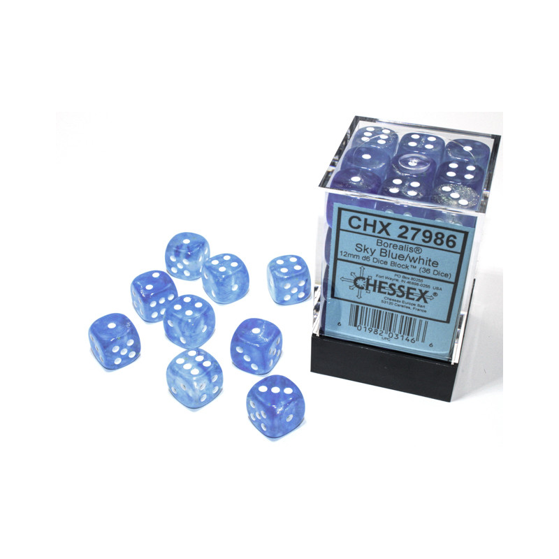 Borealis 12mm D6 Sky Blue/white Luminary Dice Block (36)