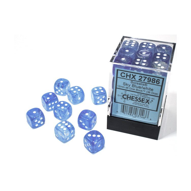 Borealis 12mm D6 Sky Blue/white Luminary Dice Block (36)