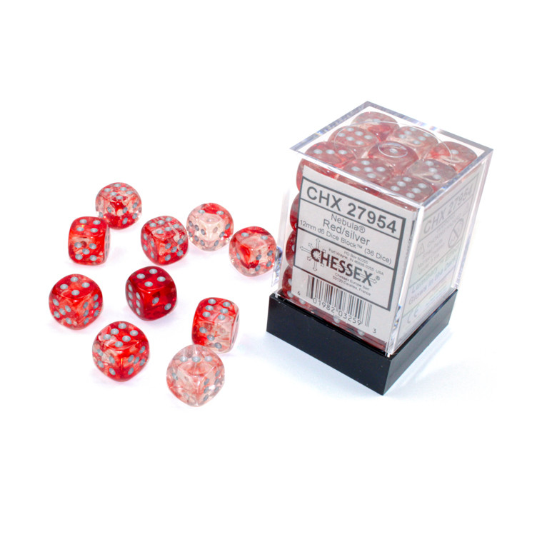 Nebula 12mm D6 Red/silver Luminary Dice Block (36 dice)