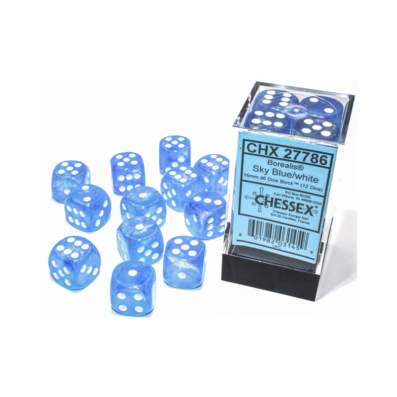 Borealis 16mm D6 Sky Blue/white LuminaryDice Block (12 dice)