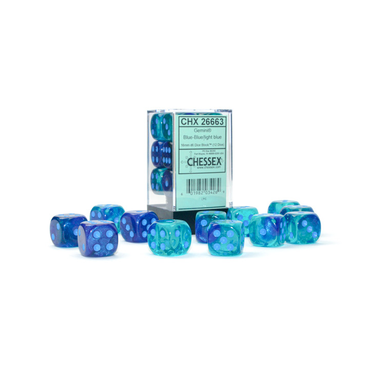 Gemini 16mm D6 Blue-Blue/light blue Luminary Dice Block (12)