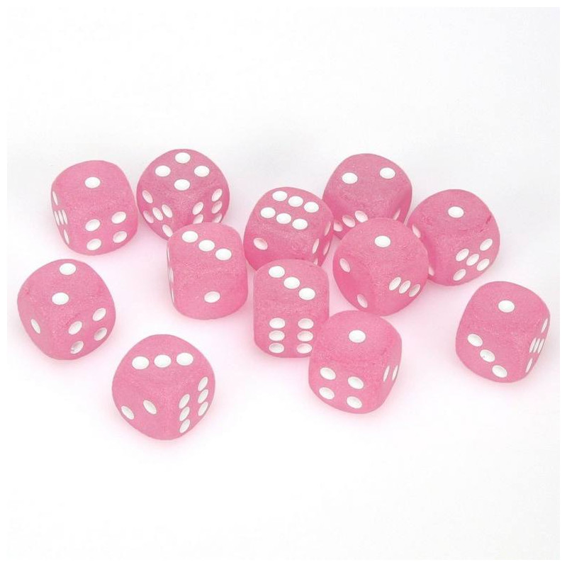 16mm D6 with pips Dice Blocks Frosted Polyheral Pink w/whit (12)