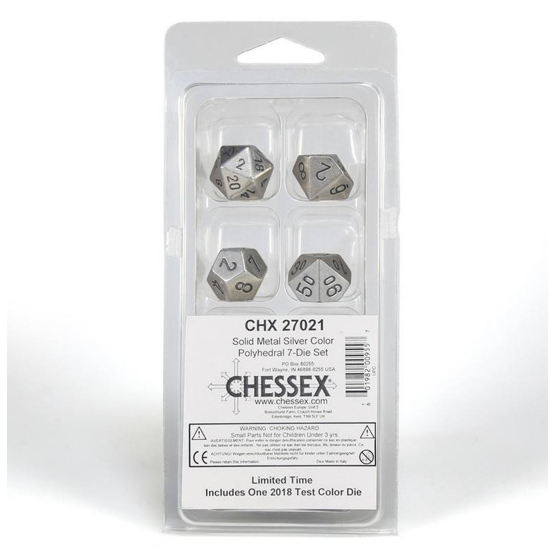 Specialty Dice Sets: Solid Metal Silver Colour Poly 7 die set